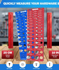 Upgrade Thread Checker Kit with 80 Nut and Bolt Sizes, red and blue aluminum plates with 10 inch and 25 CM rulers displayed on a table.