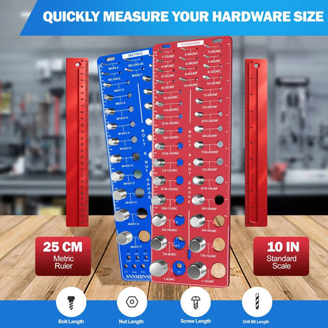 Upgrade Thread Checker Kit with 80 Nut and Bolt Sizes, red and blue aluminum plates with 10 inch and 25 CM rulers displayed on a table.