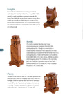 Top Shelf Wooden Chess Sets Made Easy Knockout Scroll Saw Pattern Book showing wooden knight, rook, and pawn chess pieces on a page.