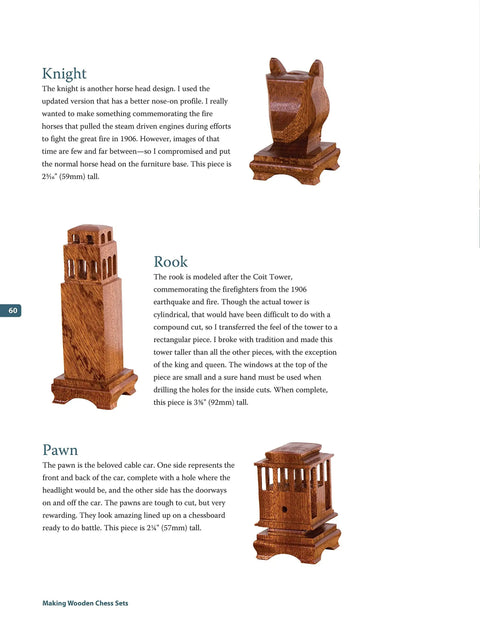 Top Shelf Wooden Chess Sets Made Easy Knockout Scroll Saw Pattern Book showing wooden knight, rook, and pawn chess pieces on a page.
