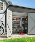 Triple Door Outdoor Storage Shed With Lockable Doors 7.5 By 4 Foot Steel Backyard Cabinet open showing tools and bike inside