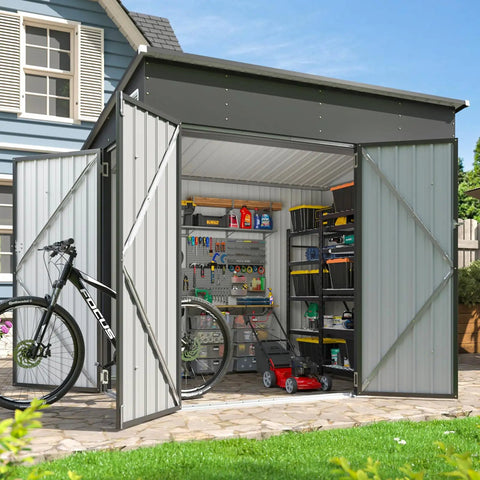Triple Door Outdoor Storage Shed With Lockable Doors 7.5 By 4 Foot Steel Backyard Cabinet open showing tools and bike inside