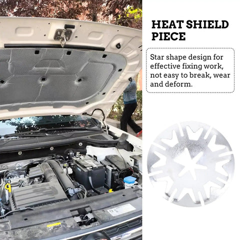 Car hood open showing engine with heat shield piece featuring star shape design for durability.