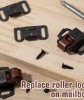 Mailbox Replacement Roller Catch Latch Kit For Cabinets Doors RV Latches Camper Kitchen, shown with screws and latch parts on wood.