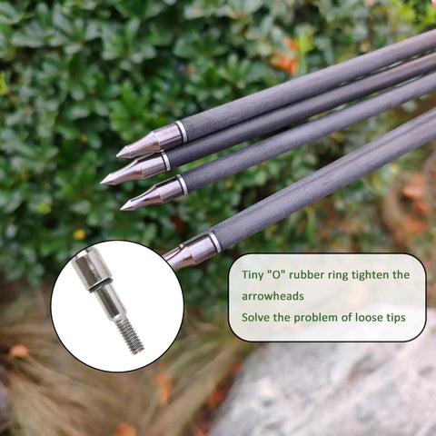 Close-up of 30 Inch Pure Carbon Arrows For Target Practice And Hunting With Removable Tips 100 Grain Points, with close-up of arrowhead detail.