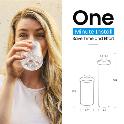 Woman drinking water with Gravity Water Filter No-Fuss Replacement Kit for Berkey BB9-2 Black and PF-2 Fluoride Filters diagram