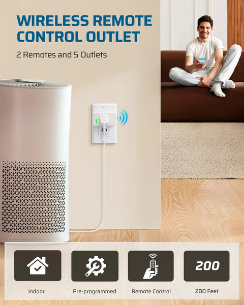 Man using Long Range Remote Control Outlet Kit With 5 Outlets And 2 Remotes, wireless power switch shown with devices.