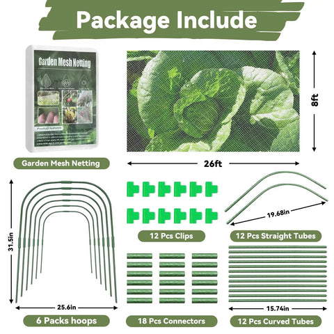 All In One Garden Mesh Netting Kit For Raised Beds With Ultra Fine Plant Netting, Six Wide Hoops, Twelve Clips, And Row Cover To Shield Veggies, Fruits, And Flowers From Birds And Bugs In Your Yard