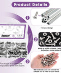 European 40 Series M8 Drop In Bolts And Nickel Flange Nuts Kit 120 Pieces shown in labeled transparent box with T-slot design detail