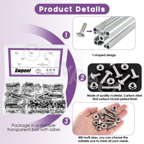 European 40 Series M8 Drop In Bolts And Nickel Flange Nuts Kit 120 Pieces shown in labeled transparent box with T-slot design detail