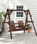 Wooden Porch Swing With Stand Two Seat Patio Swing Chair With Center Table For Garden Poolside Backyard Outdoor Adirondack Rustic Fir Log Design