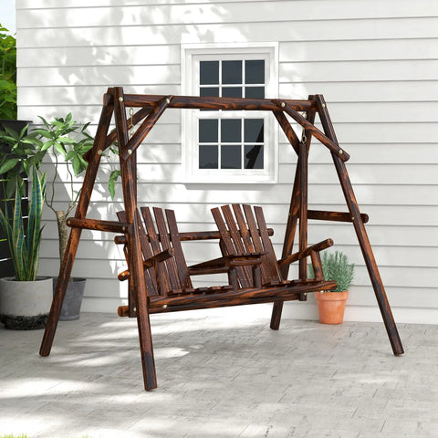 Wooden Porch Swing With Stand Two Seat Patio Swing Chair With Center Table For Garden Poolside Backyard Outdoor Adirondack Rustic Fir Log Design