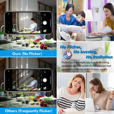 Comparison of kitchen lighting with Ultra Bright 2200 Lumen LED Bulbs 150 Watt Equivalent, 20W Non Dimmable, no flicker effect.