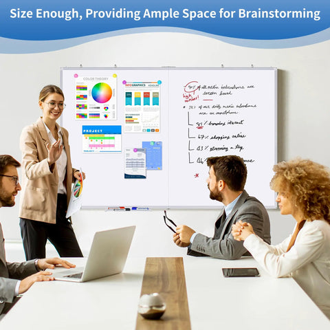 People using a Dry Erase Whiteboard 48 By 36 Inch Large Wall Mounted Foldable Whiteboard With Aluminum Frame For Home Classroom And Office Includes Hanging Options And Folds To 36 By 24 For Easy Transport in a meeting setting.