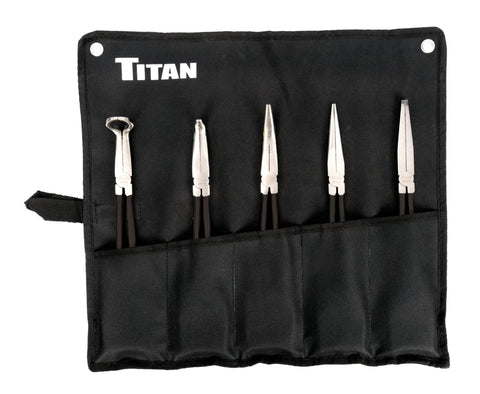 Five Piece 11 Inch Long Nose Pliers Set With Non Slip Vinyl Grips Serrated Jaws Long Reach Design And Convenient Storage Pouch