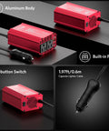Portable 300W Power Inverter Converts Dc 12V To Ac 110V With Dual Ac Outlets And Usb C Pd 65W Usb A Fast Charge Ports showing aluminum body and on-button switch.