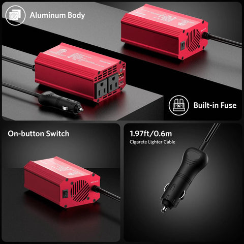 Portable 300W Power Inverter Converts Dc 12V To Ac 110V With Dual Ac Outlets And Usb C Pd 65W Usb A Fast Charge Ports showing aluminum body and on-button switch.