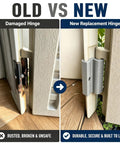 Comparison of old and new Heavy Duty Vertical Shed Door Hinges 2 Pack Replacement For Resin Storage Sheds showing rusted vs durable gray hinge.