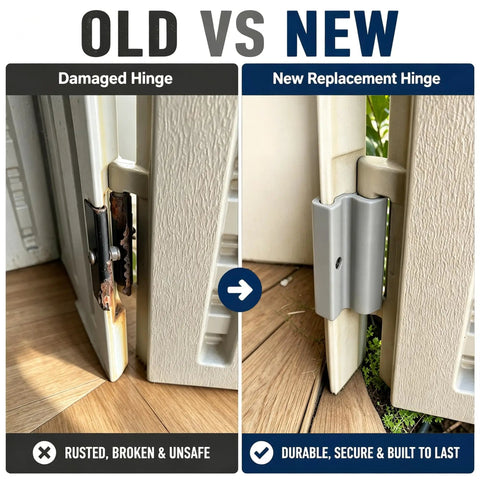 Comparison of old and new Heavy Duty Vertical Shed Door Hinges 2 Pack Replacement For Resin Storage Sheds showing rusted vs durable gray hinge.