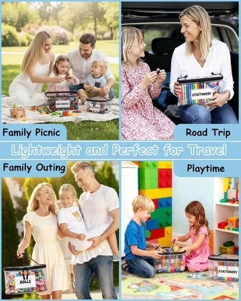 Families using 6 Pack Extra Large Clear Toy Storage Bags With Tag And Pocket, Waterproof Organizer Bags for various outdoor and indoor activities.