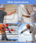 Four professionals using Heavy Duty Airless Paint Sprayer Gun Kit with Six Swappable Tips for various coating tasks.