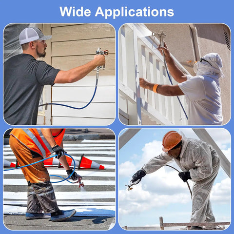 Four professionals using Heavy Duty Airless Paint Sprayer Gun Kit with Six Swappable Tips for various coating tasks.