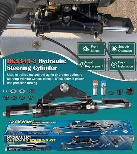 Front Mount Outboard Hydraulic Steering Cylinder Kit With Two Way Lock Valve And ORB Fittings For 300HP Outboard Powered Boats Dockside Ready, Fits Center Console Bass Flats Offshore Cruisers And More Max Working Pressure 1500 PSI