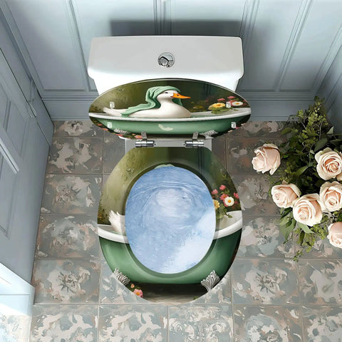 Toilet Seat Resin for Bathroom with floral and duck design, adjustable size for various toilet models, top view.