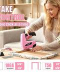 Woman using Cordless 2 In 1 Electric Staple Gun And Brad Nailer Kit With 2000Mah Battery for upholstery work on a fabric frame.
