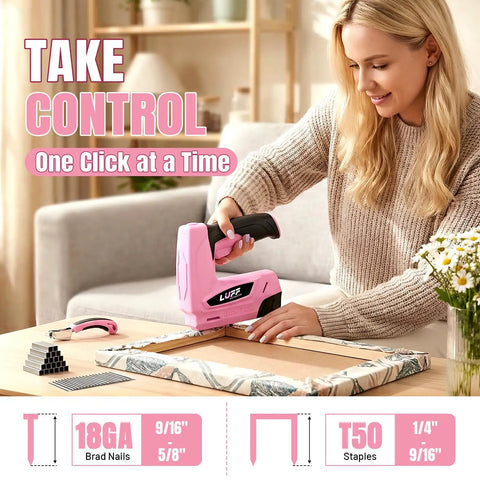 Woman using Cordless 2 In 1 Electric Staple Gun And Brad Nailer Kit With 2000Mah Battery for upholstery work on a fabric frame.