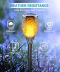Weather-resistant Solar Torch Light With Flickering Flame for Outdoor Yards and Gardens, IP65 waterproof, in the rain.