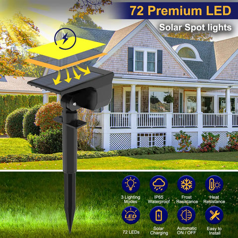 Color Changing Solar Spotlight Kit with LED light in garden setting, showing IP65 waterproof and solar charging features.