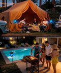 Image of a 3 In 1 Bug Zapper For Outdoors Solar Powered With Realistic Flame Light And RGB Projector Zaps Mosquitoes Like A Boss USB Rechargeable IP65 Waterproof Yard And Garden Up To 2000 Sq Ft in use during camping and a BBQ by a pool.