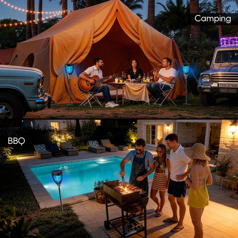 Image of a 3 In 1 Bug Zapper For Outdoors Solar Powered With Realistic Flame Light And RGB Projector Zaps Mosquitoes Like A Boss USB Rechargeable IP65 Waterproof Yard And Garden Up To 2000 Sq Ft in use during camping and a BBQ by a pool.