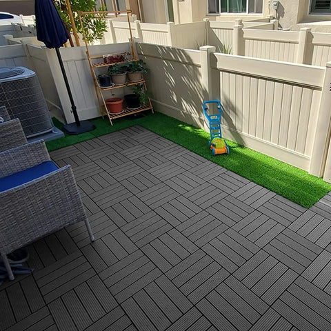 Interlocking Plastic Deck Tiles 12x12 Inches Pack of 20 All Weather Outdoor Indoor Waterproof Pavers for Pool Balcony Backyard Patio and Pathway in Charcoal Gray No Fuss Easy Install Low Maintenance