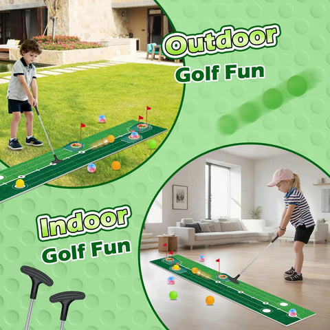 Children playing with Glow In The Dark Kids Golf Putting Set With Light Up Balls Putter Putting Mat 3 Holes And 6 Balls Indoor Outdoor Yard Golf Toy Perfect Gift For Boys And Girls Ages 3 To 8 indoors and outdoors.