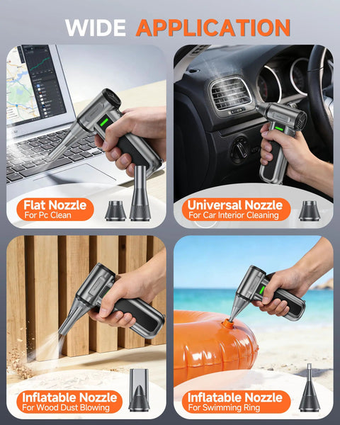 Ultra Powerful Electric Air Duster With LED Light, 180000 RPM turbo blower shown cleaning PC, car, wood dust, and inflatables.