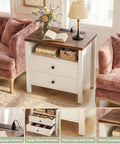 Set Of Two Modern Nightstands Featuring Double Drawers And Integrated Charging Station With Dual AC Outlets Plus USB Ports For Zero Wire Drama And Breezy Bedroom Refresh with books and lamp.