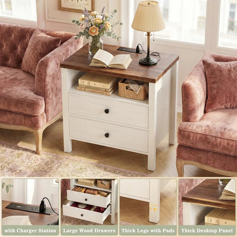 Set Of Two Modern Nightstands Featuring Double Drawers And Integrated Charging Station With Dual AC Outlets Plus USB Ports For Zero Wire Drama And Breezy Bedroom Refresh with books and lamp.