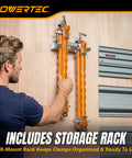 Heavy Duty Four Way Pressure 16 Inch Panel Clamps Set Of 4 Plus Two Storage Racks on a wall-mounted rack for organization.