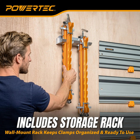 Heavy Duty Four Way Pressure 16 Inch Panel Clamps Set Of 4 Plus Two Storage Racks on a wall-mounted rack for organization.