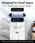 9.1 inch small hand towel holder in matte black with towel, measures 230mm long, designed for compact spaces.