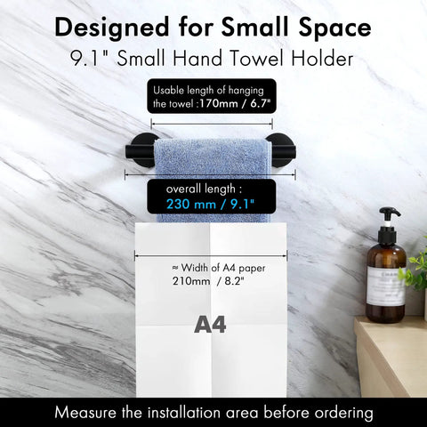 9.1 inch small hand towel holder in matte black with towel, measures 230mm long, designed for compact spaces.