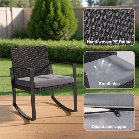 Three Piece Patio Furniture Set With Rocking Bistro Style Chill Outdoor Rattan Conversation Set chair with grey cushion