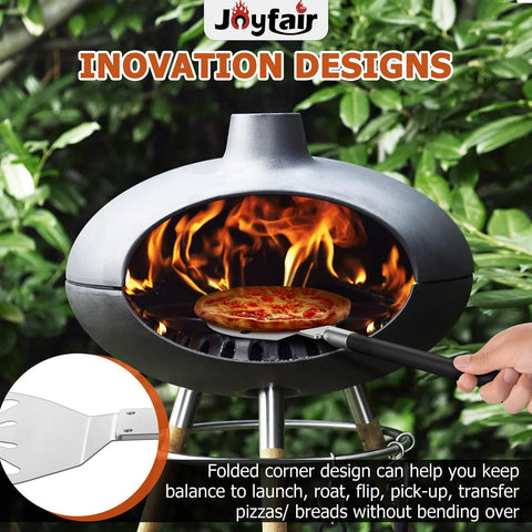 Joyfair 9-inch perforated pizza turner with long detachable stainless steel handle for sliding pizzas in an oven