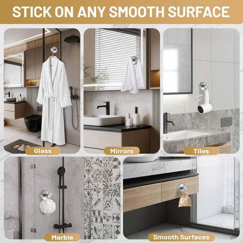 Heavy Duty Suction Cup Hooks For Bathroom No Drill Towel And Robe Holder for smooth surfaces like glass, mirrors, tiles, and marble.