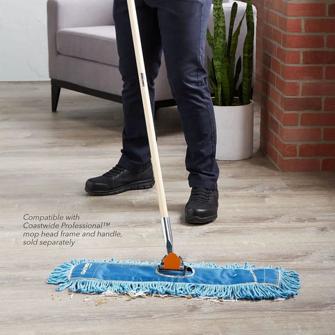 Top Shelf 24 Inch Loop End Cotton Dust Mop Head For Hard Surface Floors Heavy Lint Free Replacement blue mop on wooden floor.