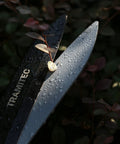 Close-up of Ergonomic 21 Inch Garden Hedge Shears Pro Grade with high carbon steel wet blades cutting a leaf.