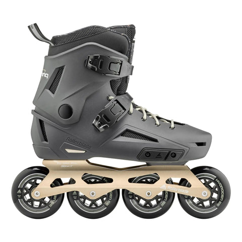 Lightning 90 Men's Urban Inline Skate with memory buckle closure and extra lacing, anthracite and taupe, side view