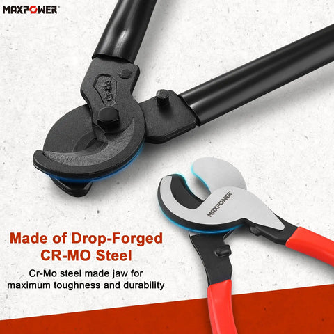 Close-up of Two Pack 10 Inch And 14 Inch Heavy Duty Cable Cutters For Copper And Aluminum Wire Up To 120 Mm2 Capacity